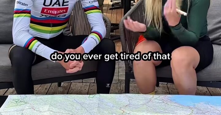 Vprašanje o obžalovanju je Tadeja Pogačarja pripeljalo do nepričakovanega odgovora o njegovem dekletu