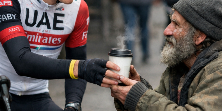 Nepričakovani postanek: Zakaj srečanje Tadeja Pogačarja z brezdomcem postaja viralno